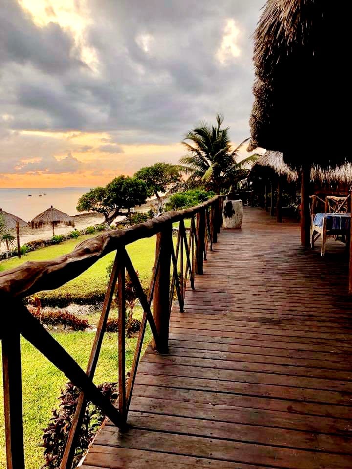 Boardwalk to the beach at sunset